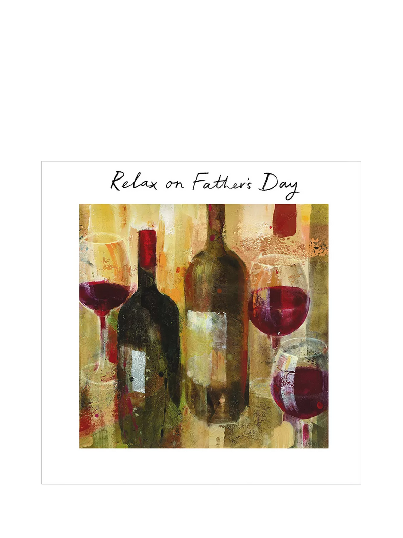 Woodmansterne Father's Day card with red wine bottles and glasses (British brand)