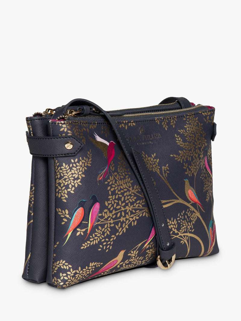 Sara Miller crossbody bag in smokey blue with bird print - British product