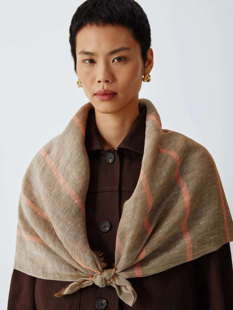 John Lewis Linen & Cotton Blend Stripe Scarf, Brown/Orange