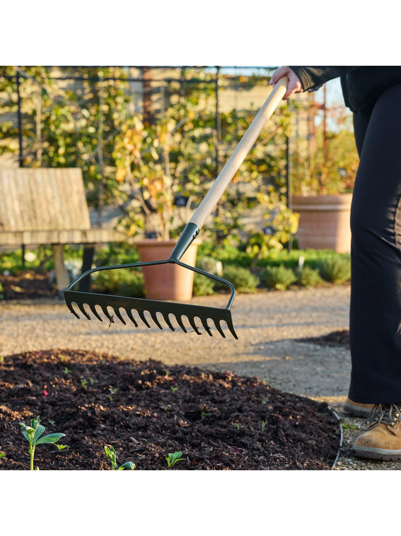 Burgon & Ball green ground rake with ash handle (British brand)