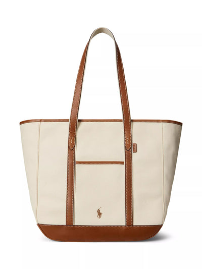 John Lewis Polo Ralph Lauren Leather and Canvas Medium Shopper Tote Bag, Ecru/Cuoio- Buy online at McGrocer