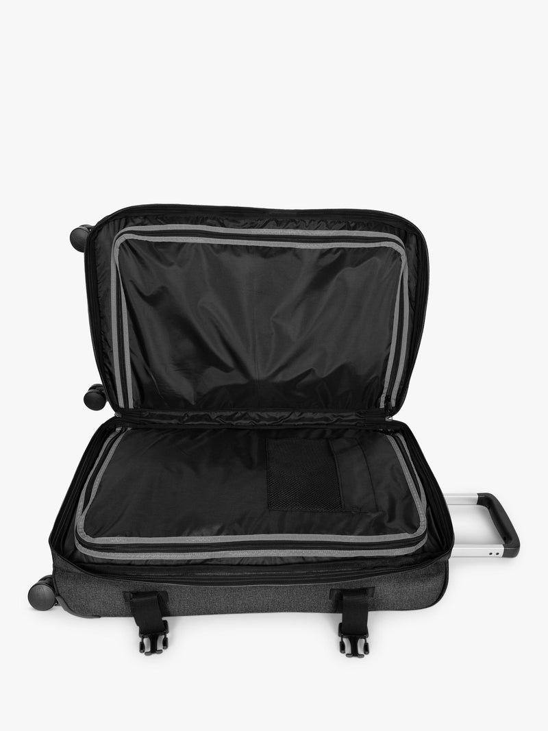 Eastpak Transit'r large 4-wheel suitcase in black denim, UK version
