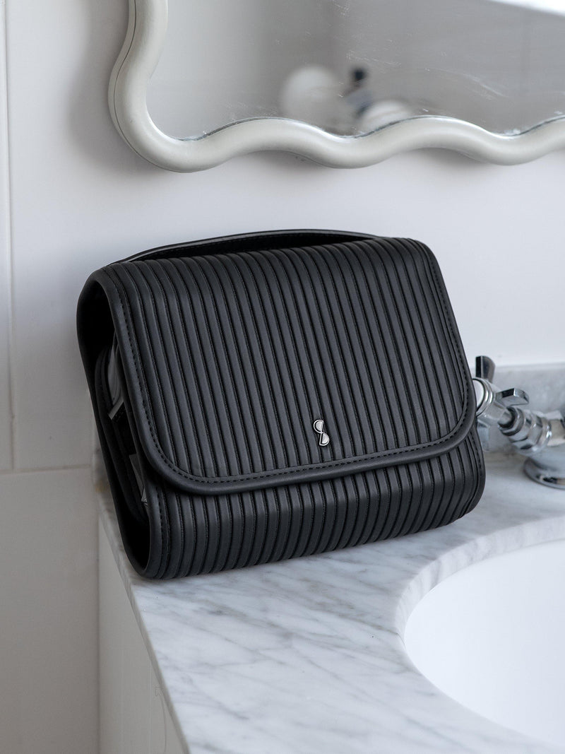 Stackers travel wash bag black fluted faux leather imported from the UK