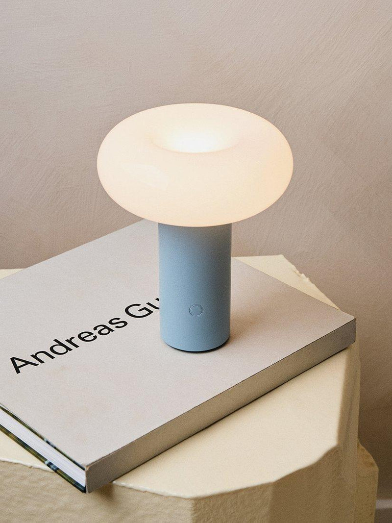 The Conran Shop Torus rechargeable portable table lamp powder blue, imported from the UK