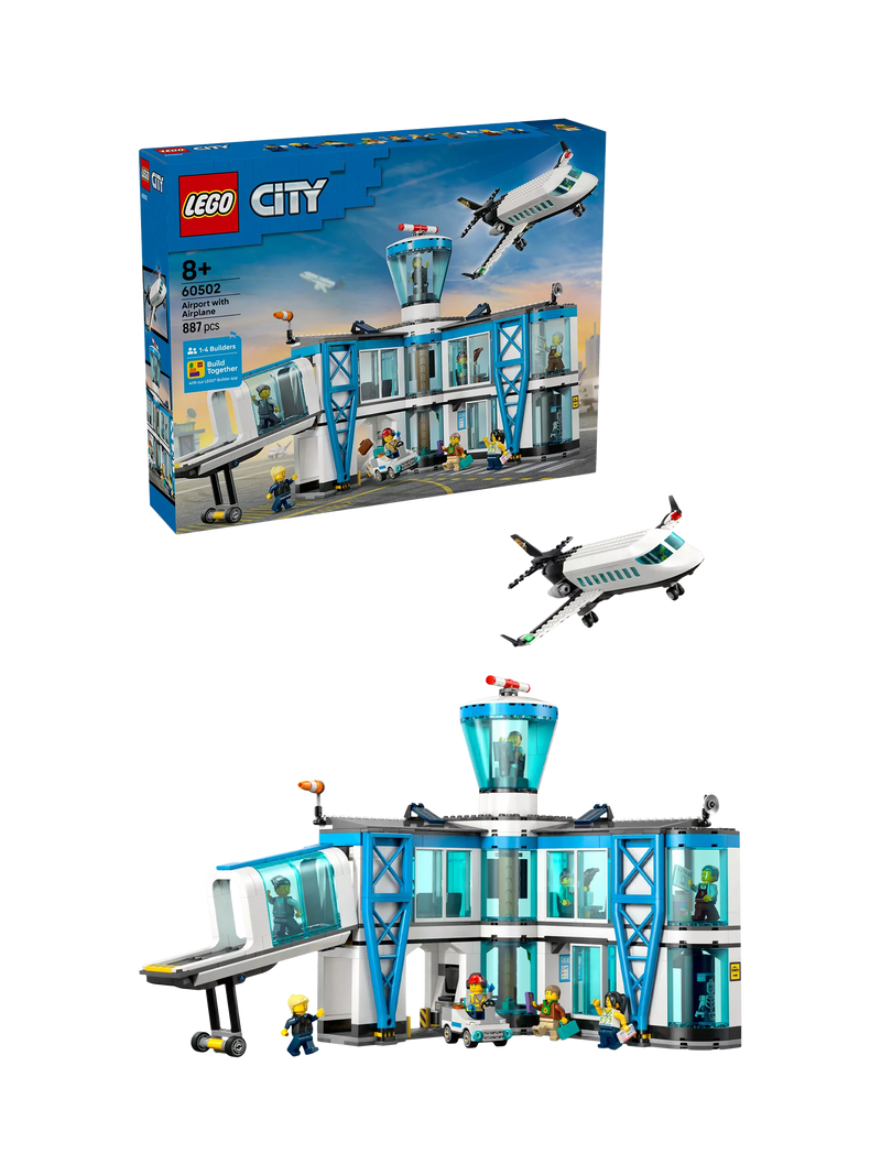 LEGO City airport building toy with airplane and minifigures, UK version
