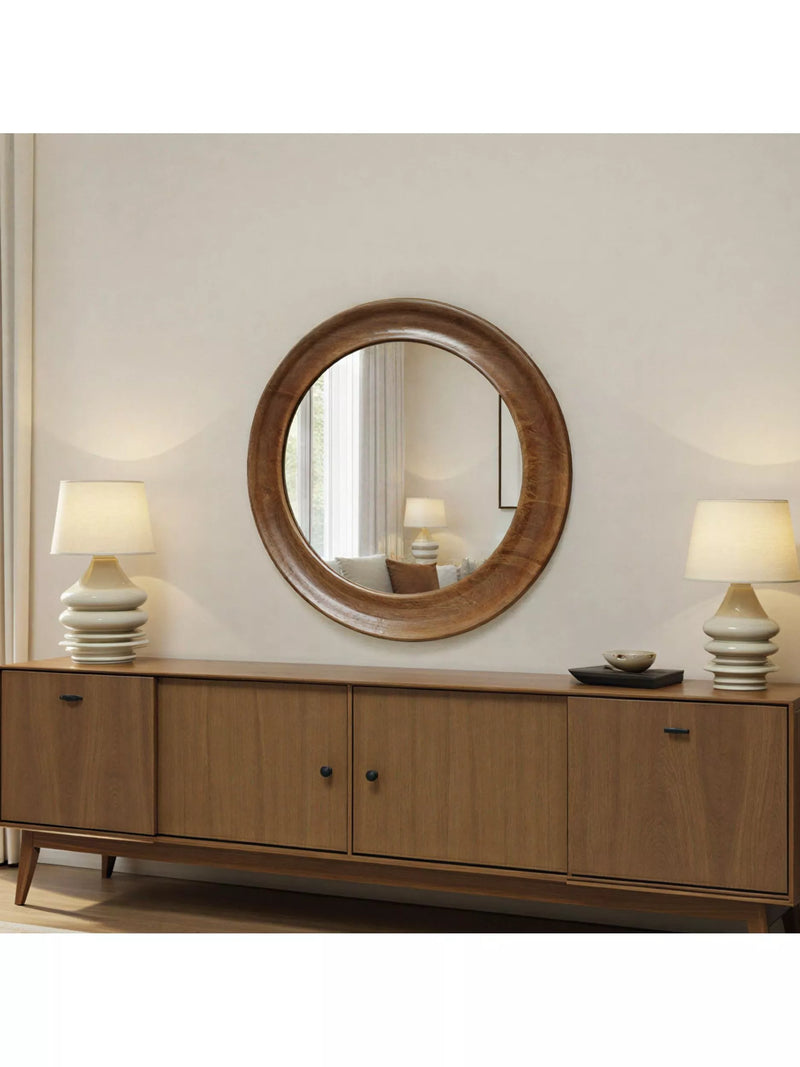 Yearn round oak wall mirror walnut finish 80cm, imported from the UK