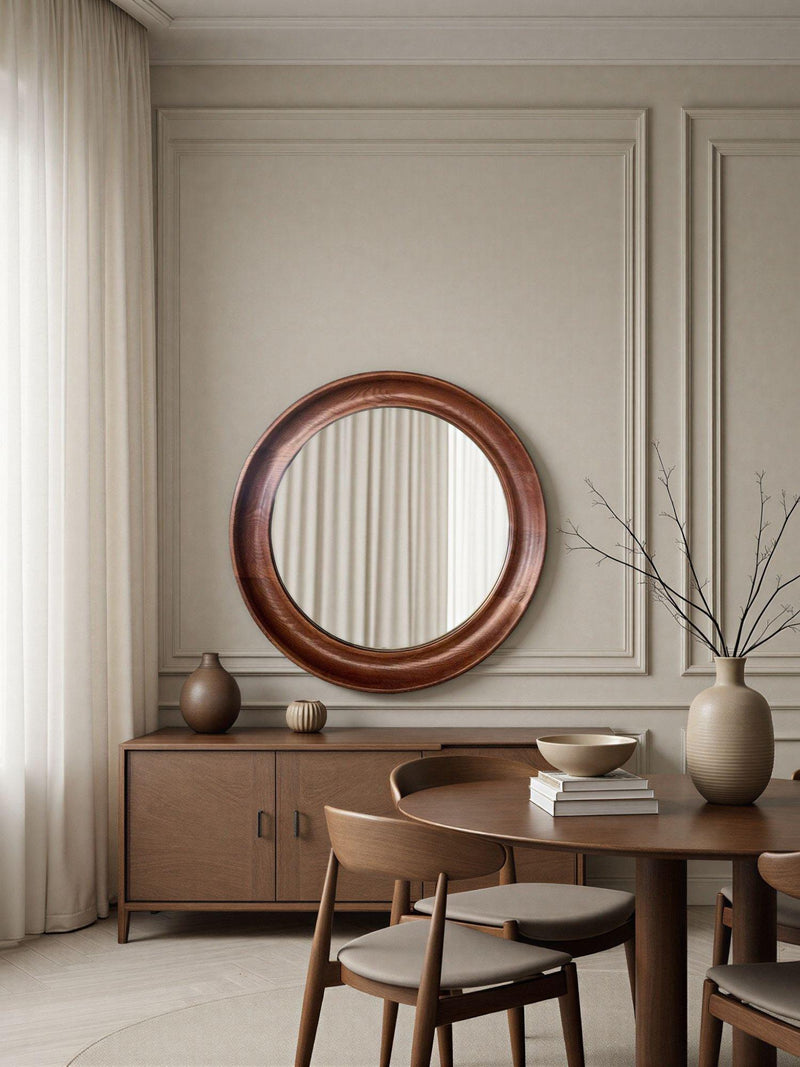 Yearn round oak wall mirror walnut finish 80cm, imported from the UK