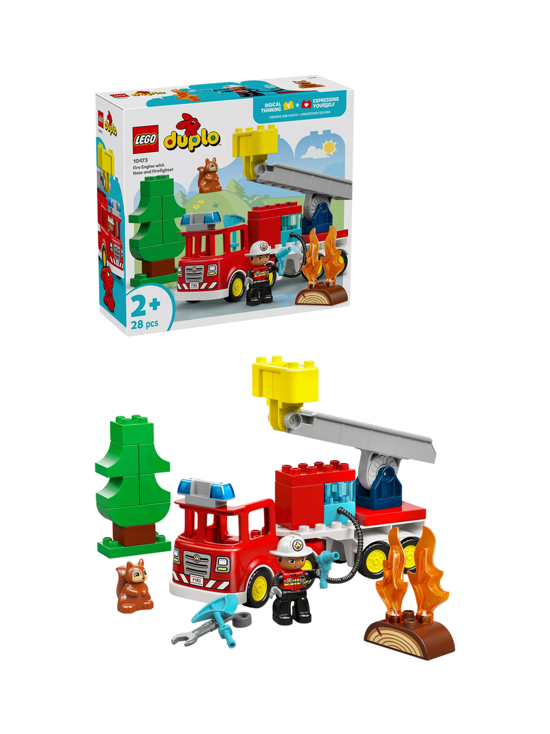 LEGO DUPLO fire engine toy with hose and firefighter figure (British brand)