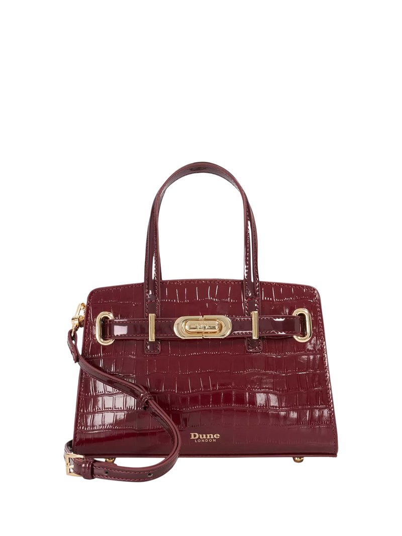 Dune London burgundy leather grab bag with belted detail, imported from the UK