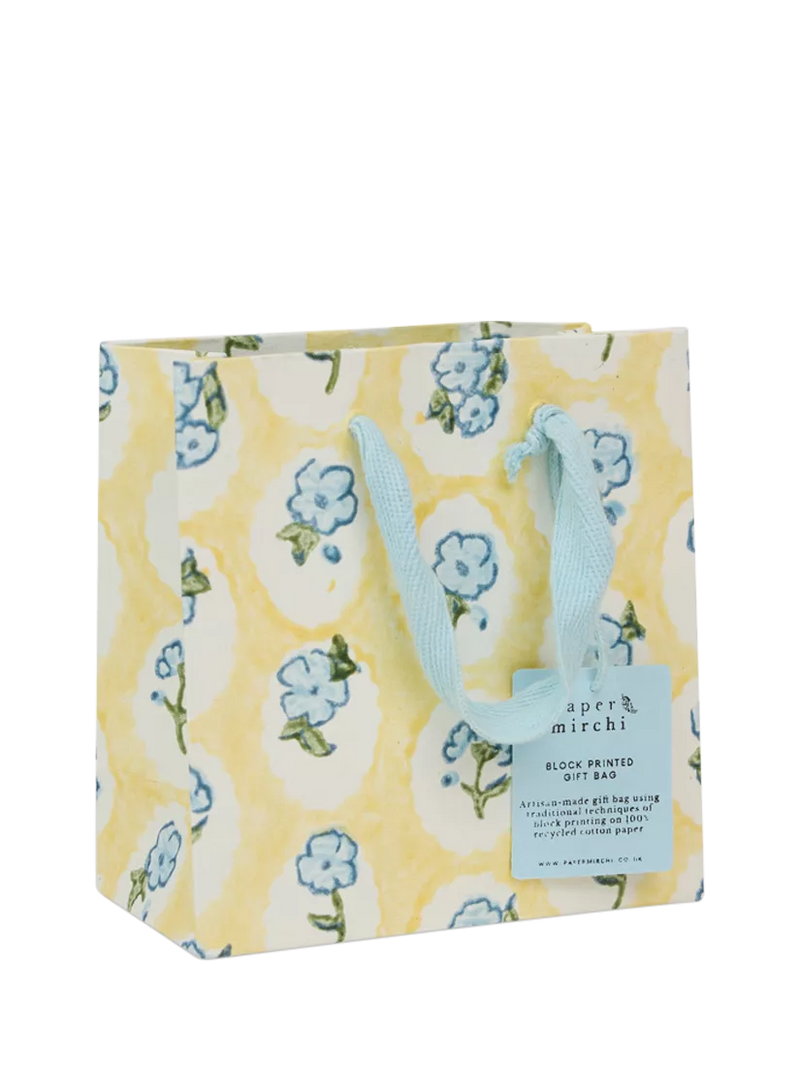 Paper Mirchi floral block print gift bag in multi yellow, imported from the UK