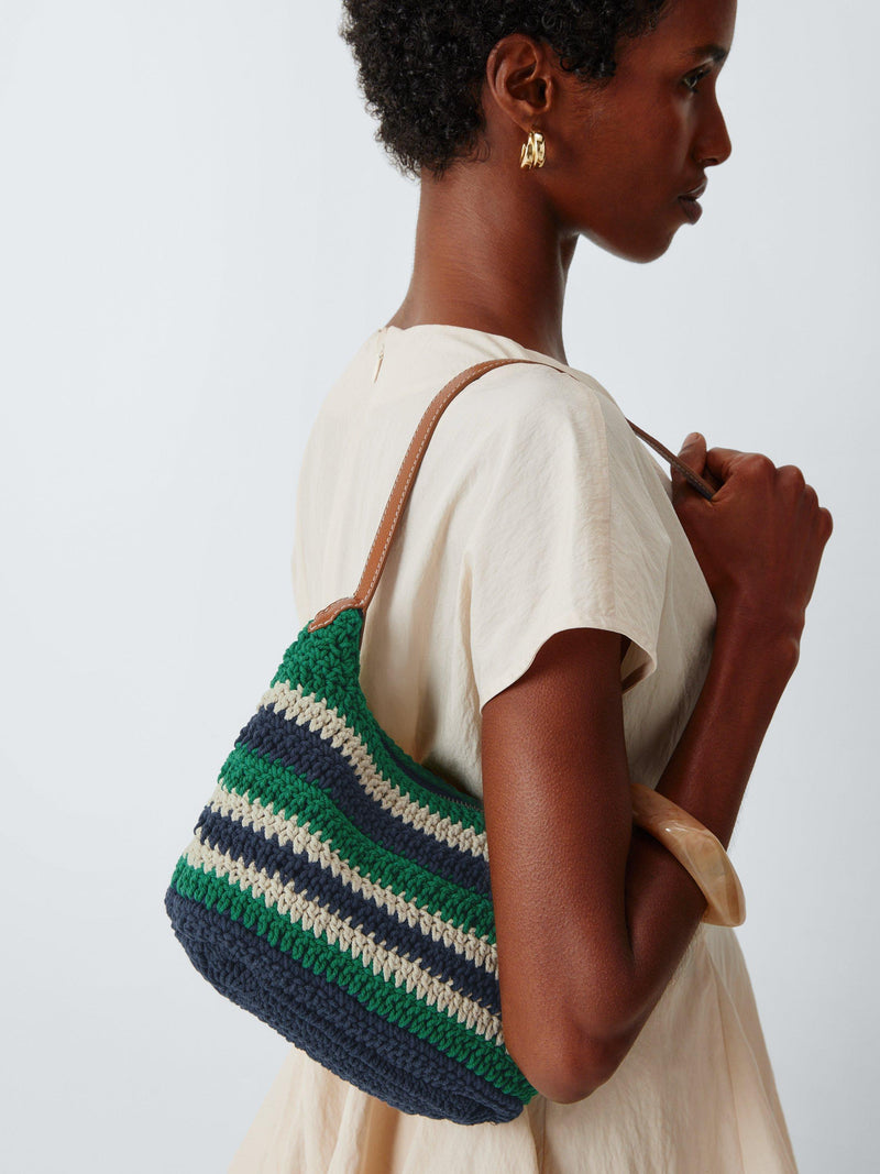John Lewis knitted mini tote bag green navy striped (British brand)