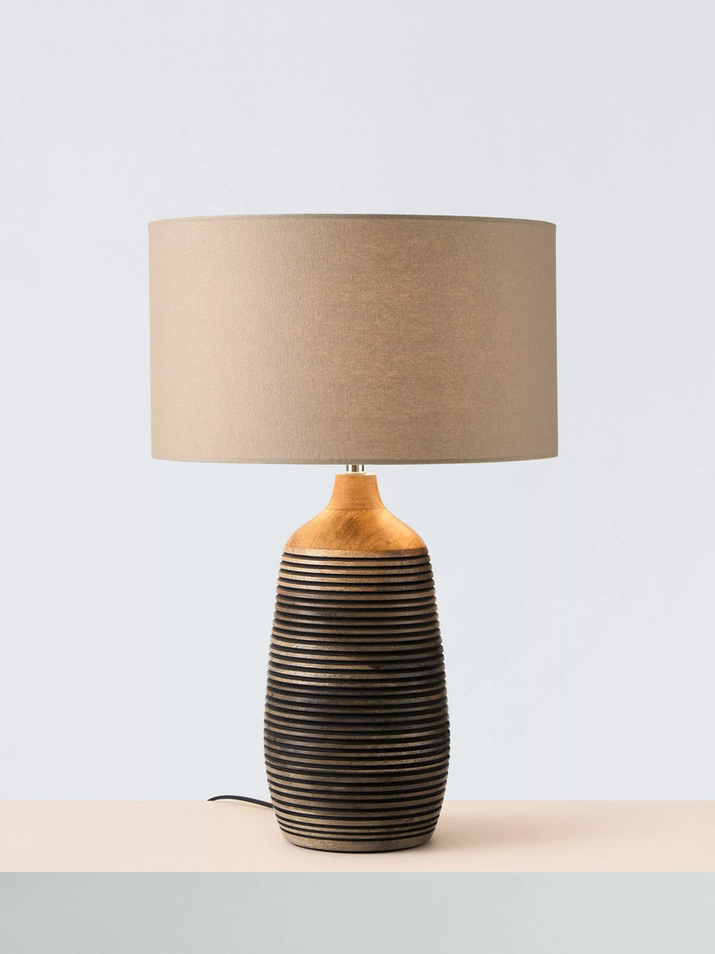John Lewis mango wood grooved table lamp with linen shade (British brand)