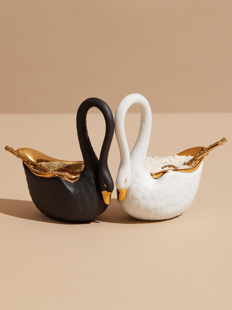 L'OBJET Swan porcelain salt cellar with gold trim, imported from the UK