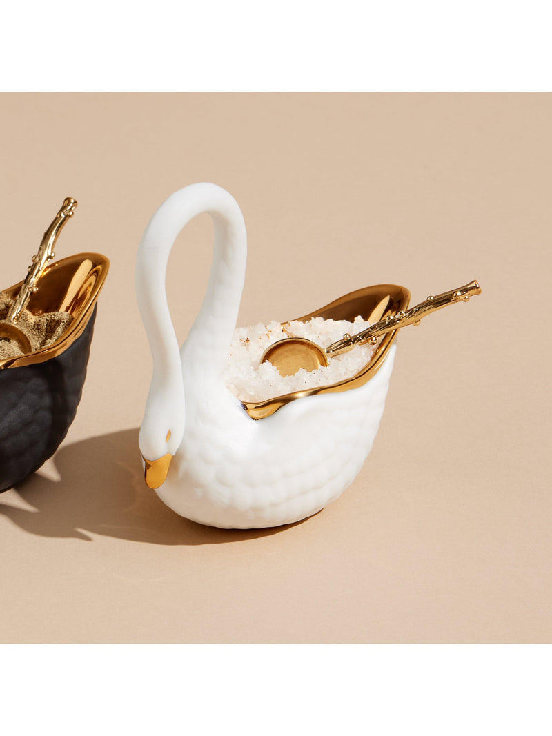 L'OBJET Swan porcelain salt cellar with gold trim, imported from the UK