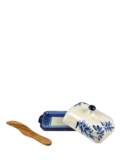John Lewis Selbrae House Artisan Stoneware Butter Dish & Olive Wood Knife, Blue- Buy online at McGrocer