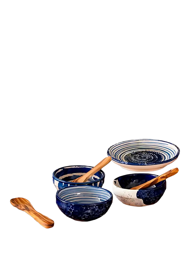 Selbrae House artisan stoneware bowl set with olive wood spoons, UK version