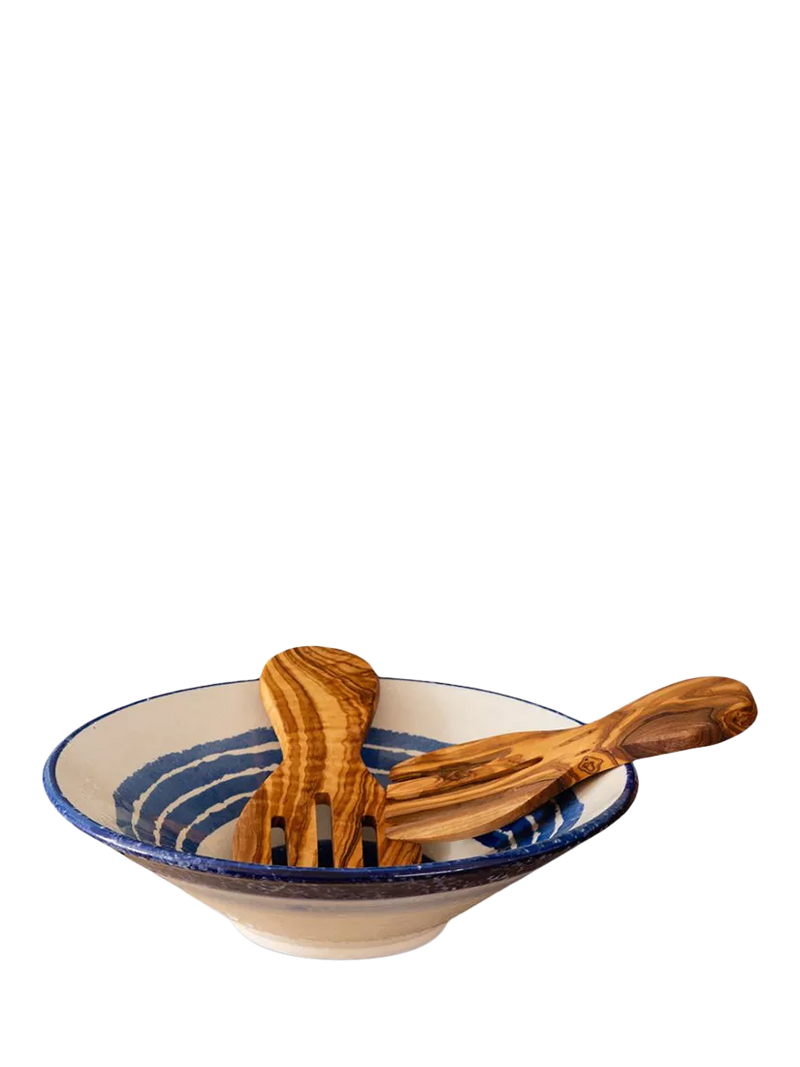 Selbrae House blue stripe stoneware salad bowl with olive wood servers 34cm (British brand)