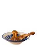 Selbrae House blue stripe stoneware salad bowl with olive wood servers 34cm (British brand)