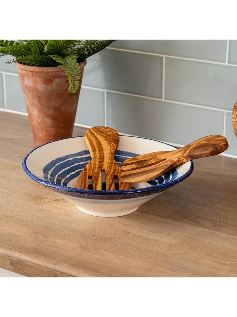 Selbrae House blue stripe stoneware salad bowl with olive wood servers 34cm (British brand)