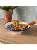 Selbrae House blue stripe stoneware salad bowl with olive wood servers 34cm (British brand)