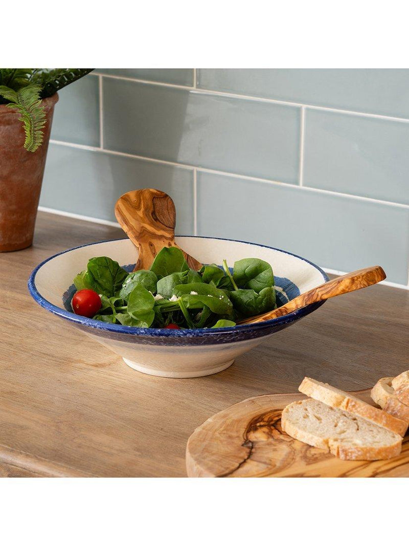 Selbrae House blue stripe stoneware salad bowl with olive wood servers 34cm (British brand)
