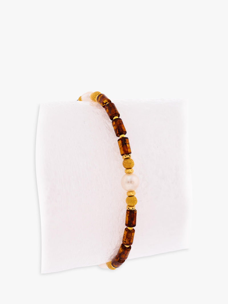 Be-Jewelled beaded bracelet with cognac amber and pearl - British product