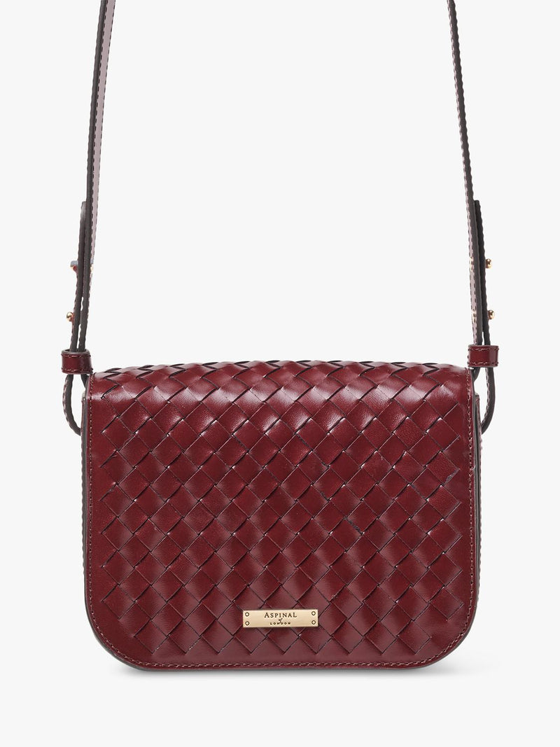 Aspinal of London crossbody bag burgundy woven leather, imported from the UK
