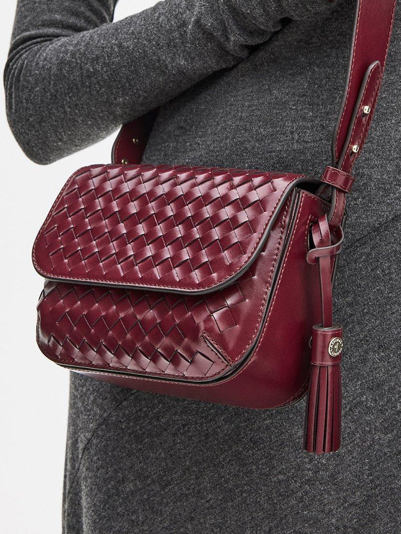 Aspinal of London crossbody bag burgundy woven leather, imported from the UK