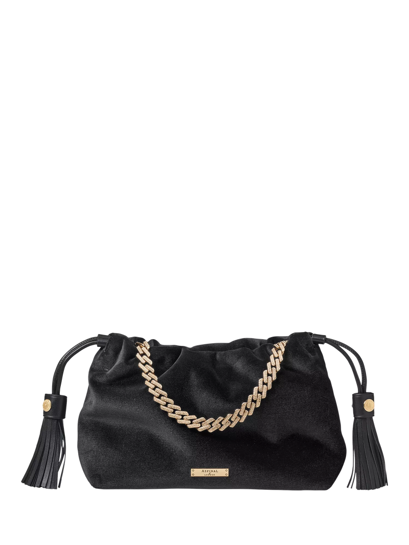 Aspinal of London Amelia black velvet evening bag, imported from the UK