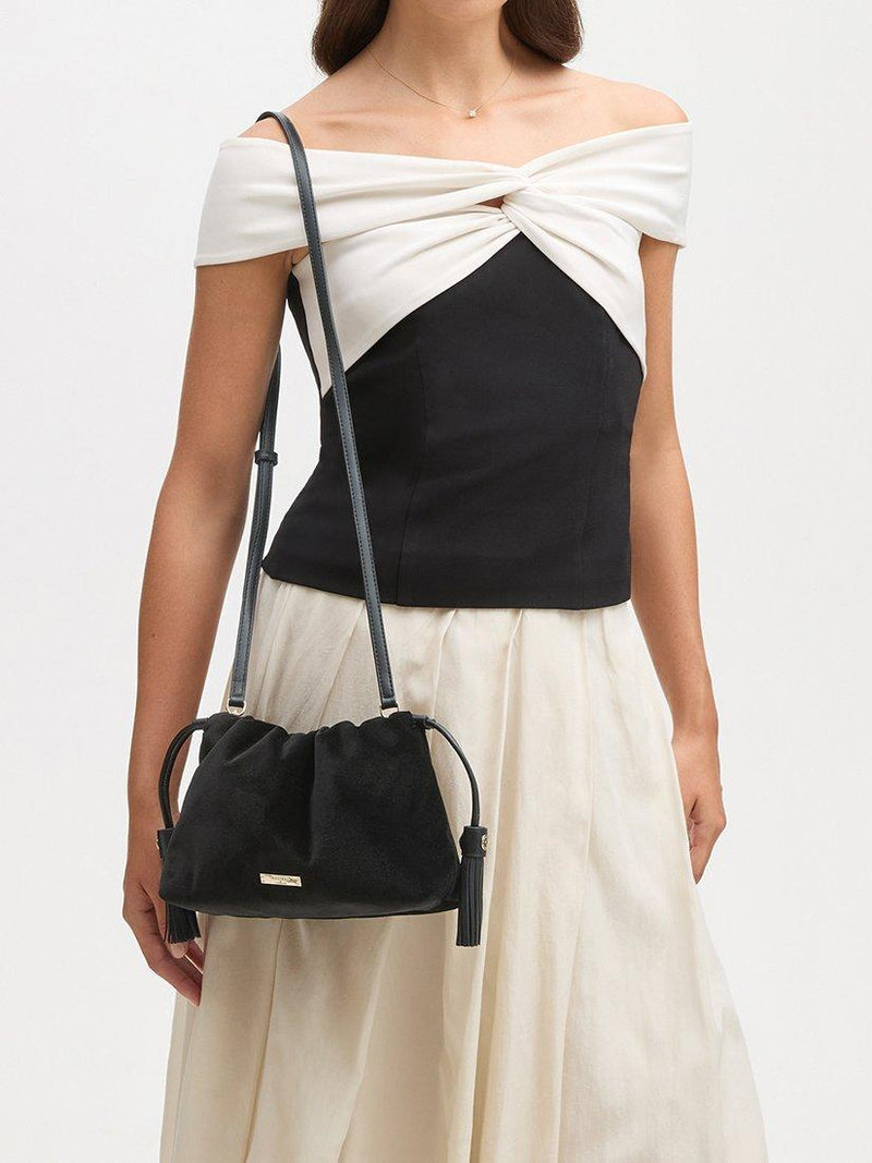 Aspinal of London Amelia black velvet evening bag, imported from the UK
