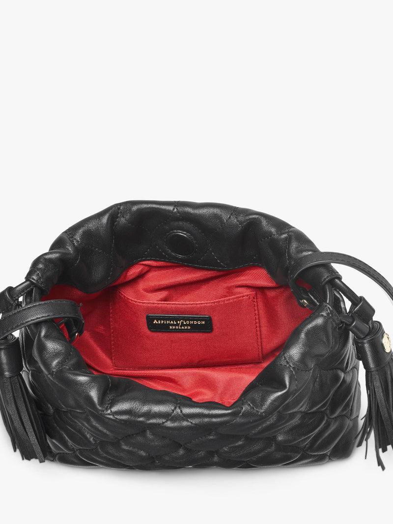 Aspinal of London black quilted leather evening bag, imported from the UK