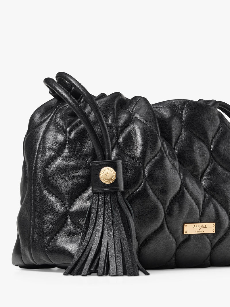 Aspinal of London black quilted leather evening bag, imported from the UK