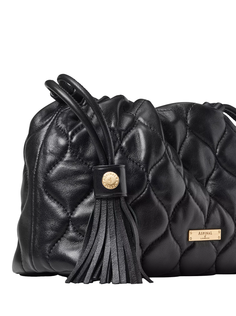 Aspinal of London black quilted leather evening bag, imported from the UK