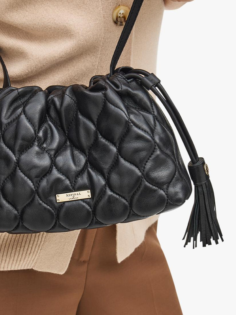 Aspinal of London black quilted leather evening bag, imported from the UK