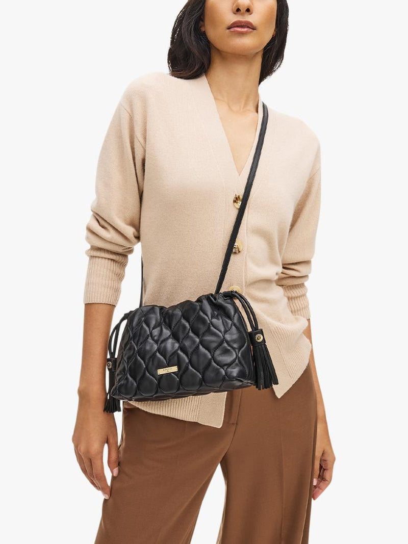 Aspinal of London black quilted leather evening bag, imported from the UK