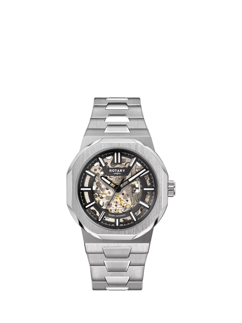 Rotary men's skeleton watch with silver bracelet, UK version