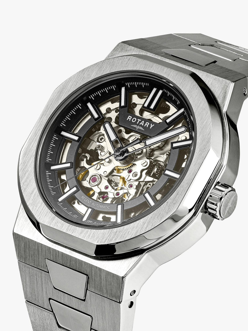 Rotary men's skeleton watch with silver bracelet, UK version