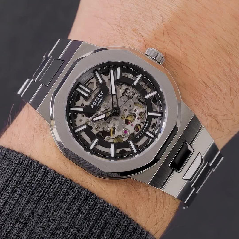 Rotary men's skeleton watch with silver bracelet, UK version