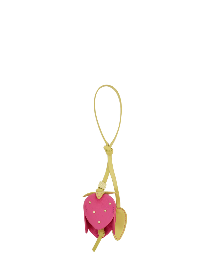 Katie Loxton strawberry bag charm in chartreuse magenta, imported from the UK