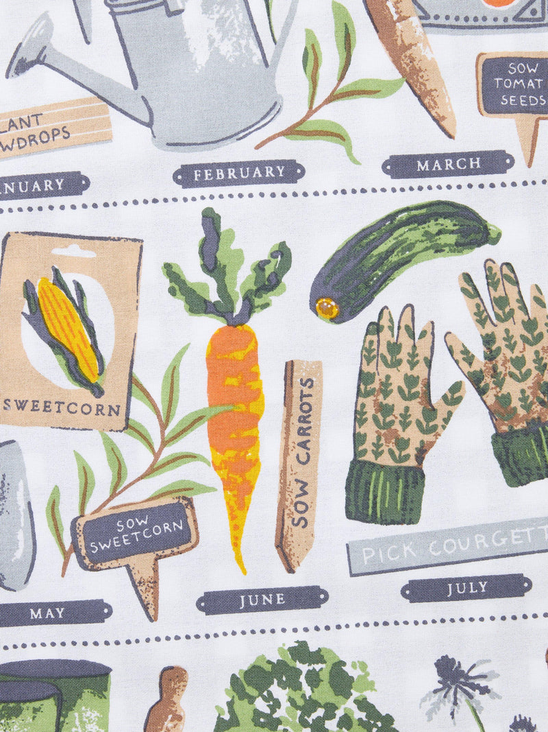 Ulster Weavers tea towel set with garden jobs calendar and gingham, imported from the UK