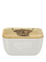 John Lewis Selbrae House Highland Cow Ceramic Butter Dish with Oak Wood Lid, White/Natural- Buy online at McGrocer