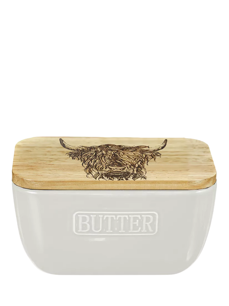 Selbrae House butter dish with Highland cow oak lid - British product