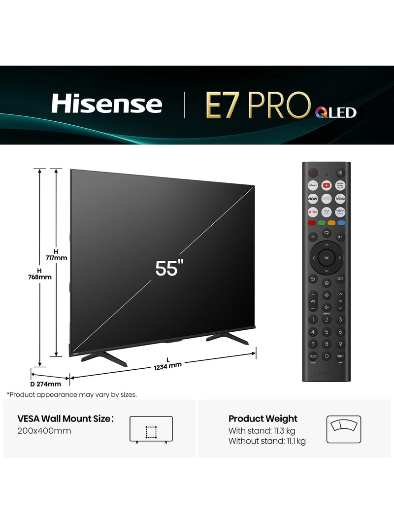 Hisense 55E7QTUK PRO QLED 4K TV, 55 inch, imported from the UK