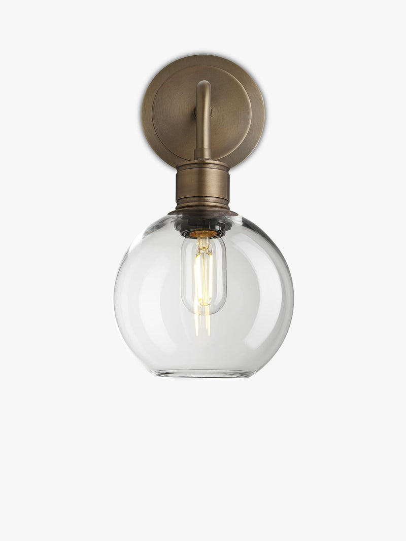 Industville clear glass globe wall light antique brass (British brand)