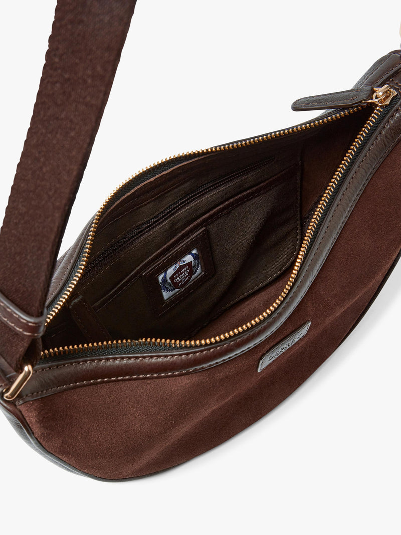 Osprey London Mocha suede sling bag Bitter Chocolate - British product