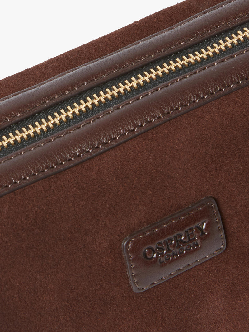 Osprey London Mocha Suede Wash Bag bitter chocolate, imported from the UK