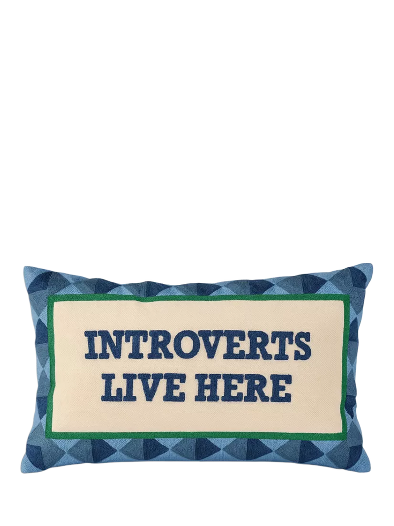 The Pillow Drop Introverts Live Here cushion 30x50cm Navy Multi, imported from the UK