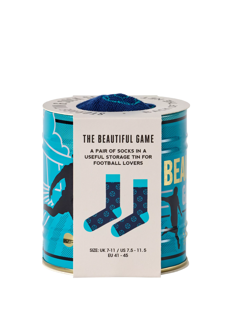 Gentlemen's Hardware football socks in a tin, imported from the UK