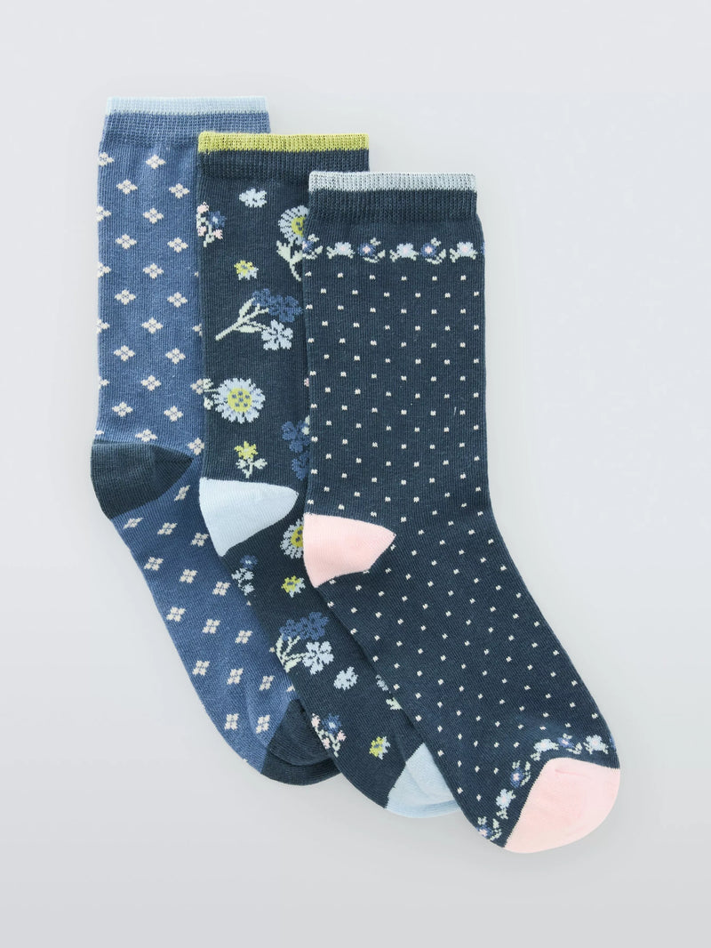 John Lewis Eden Floral Ankle Socks pack of 3 Blue Multi (British brand)