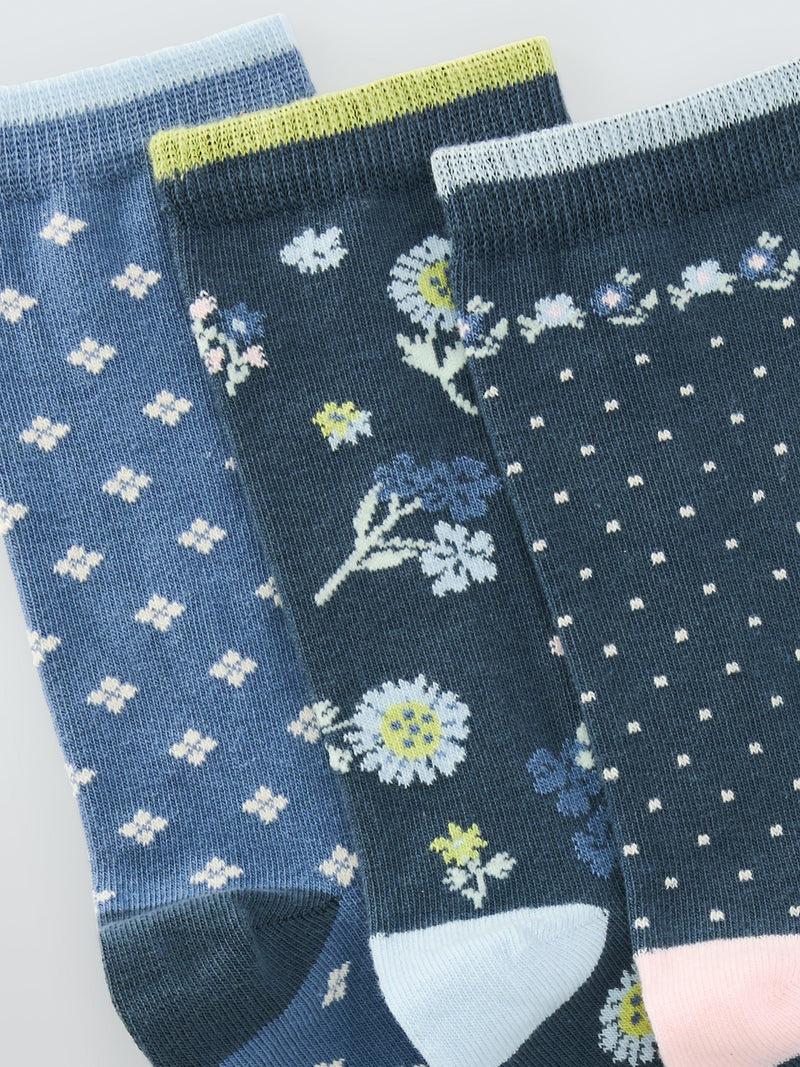 John Lewis Eden Floral Ankle Socks pack of 3 Blue Multi (British brand)